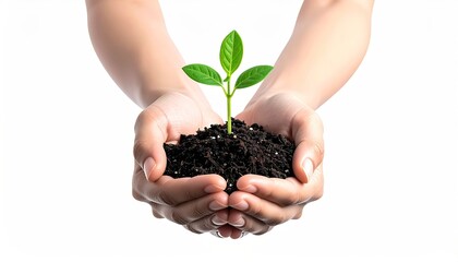 Hands Holding Soil with Sprout Against White Background Symbolizing Growth and Potential Under Bright Lighting