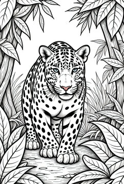 leopard in the jungle, page of coloring book