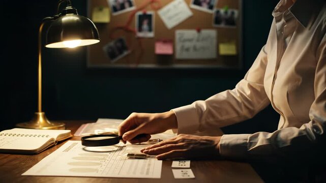 Detective working late at night, investigating a case with documents and a magnifying glass.