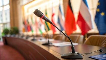 Microphone on conference table with international flags in background at Davos 2026 symbolizing global collaboration