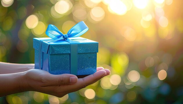 Hands Presenting a Shiny Blue Gift Box with Ribbon in Sunlit Forest