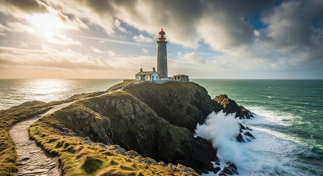 Dramatic view of south stack lighthouse on a rocky island with crashing waves and a path leading to it under a cloudy sky at sunset