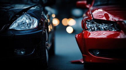 Two damaged cars after a collision on a city street at night.
