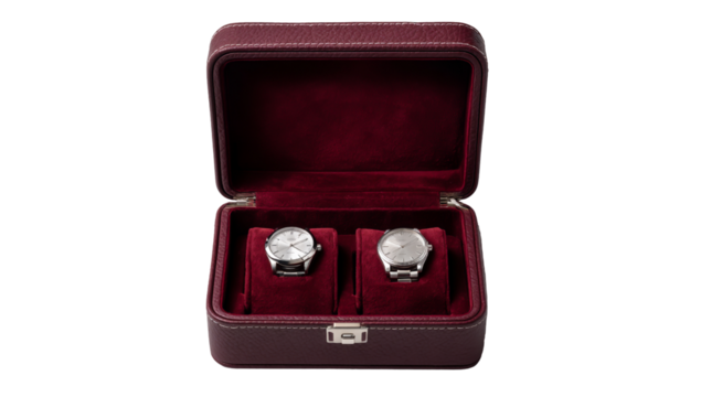 Luxury watch box with two timepieces isolated on transparent background