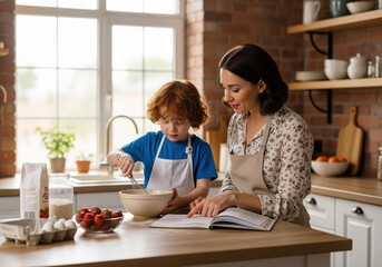 Mother and young son baking together in a bright kitchen, learning to cook with a recipe book