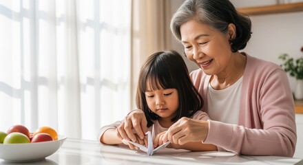 Elderly asian grandmother teaching young granddaughter origami in a bright, sunlit home