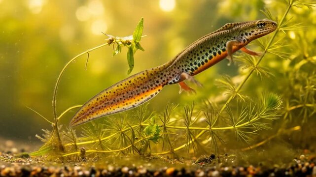 Graceful newt swimming through freshwater habitat amidst lush aquatic plants in vibrant, dynamic motion, perfect for nature documentary sequences