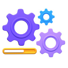 Three Dimensional Gears with Progress Bar against Transparent Background Illustrating Process or Settings Concept with Blue Purple and Yellow Colors