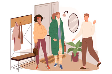 Three People in Hallway with Coat Rack Plant and Door in Transparent Background Flat Vector Illustration