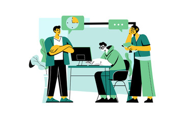 Three People in Green and Yellow Deadline Illustration at Desk with Clock Timer and Speech Bubbles in Transparent Background