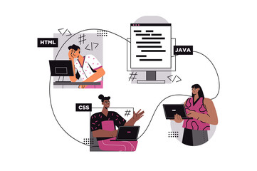 Three Programmers Working on Projects with HTML CSS and Java on Transparent Background