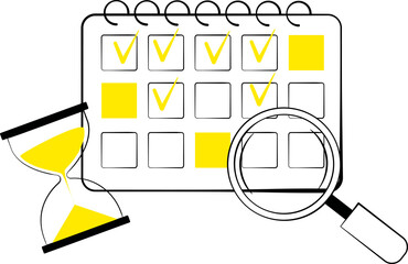 Time Tracking Illustration with Calendar Magnifier and Hourglass in Yellow and Black on Transparent Background