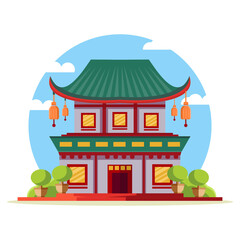 Traditional Two Story Asian Building with Green Roof and Red Accents on White Background with Blue Sky and Trees Flat Illustration