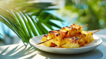 Grilled Pineapple Skewers Served on a Plate with Lush Greenery at a Beachside Location in Hawaii Capturing a Tropical Culinary Delight