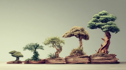 A collection of miniature bonsai trees arranged in a row on a wooden surface.