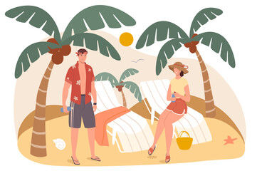 Tropical Beach Scene with Palm Trees Lounge Chairs and Couple in Casual Attire on Transparent Background Holiday and Vacation Themed