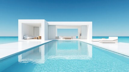 A modern, minimalist white house with a pool and ocean view.