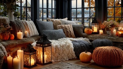 Cozy autumn interior with candles, pumpkins, pillows, and window scene perfect for fall