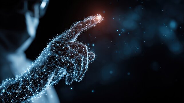 A futuristic hand with a glowing, digital interface, touching a glowing, digital dot on a dark background.