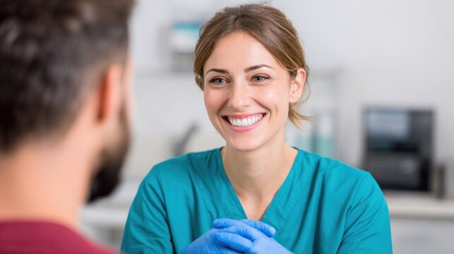 A smiling healthcare professional in a blue uniform, holding hands with a patient in a medical setting.