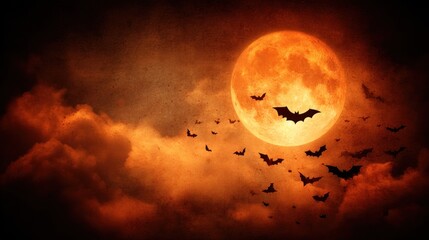 A spooky Halloween moon with bats flying around it in a cloudy sky.