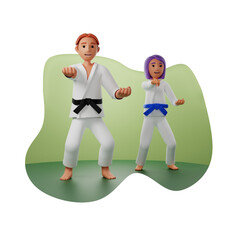 Two 3D Characters Training Karate in White Uniforms and Colored Belts Against a Green Background Matte Painting Style
