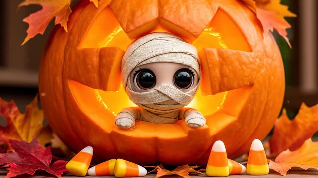 Cute Mummy Character Sitting in Carved Halloween Pumpkin With Candy Corn