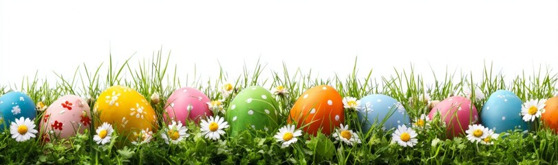 Colorful Easter Eggs in Grass with Daisies.