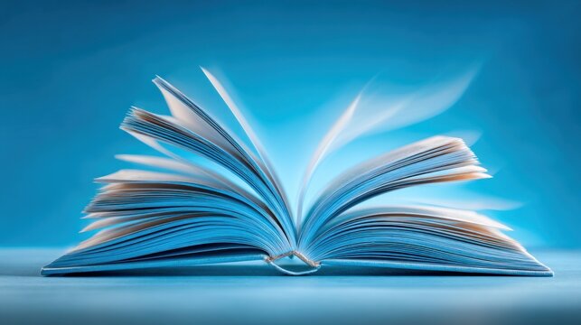 An open book with pages fluttering in the wind on a blue background.