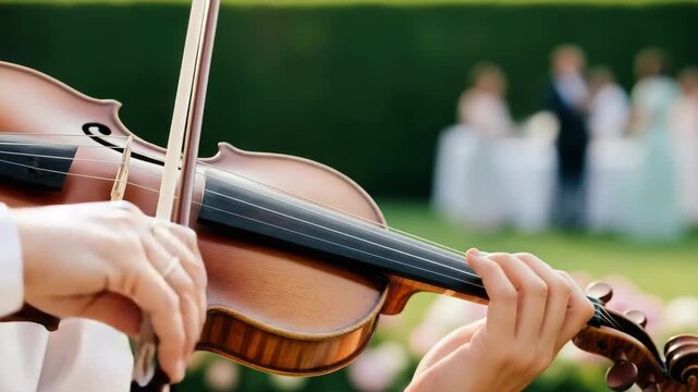 musicians hands skillfully play rich brown violin with bow The elegant outdoor setting features blurry guests at tables and lush green foliage suggesting special occasion