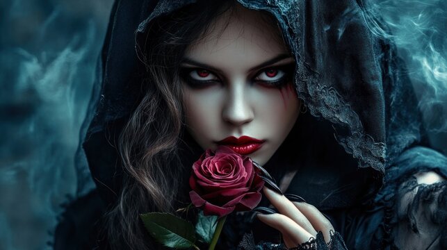 Woman in gothic attire holding a rose
