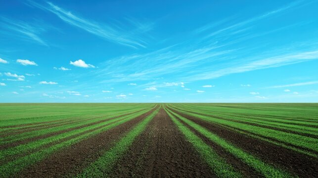A vast, green field with parallel lines of grass and dirt, under a clear blue sky with wispy clouds.
