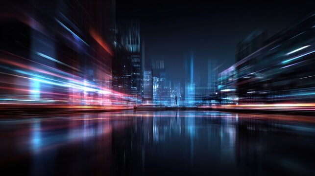 A vibrant cityscape at night with neon lights and reflections on the water.