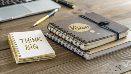 Creative Workspace with Notebooks and Laptop for Goal Setting and Vision Planning in a Bright Environment