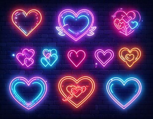 Glowing neon heart signs on a dark brick wall