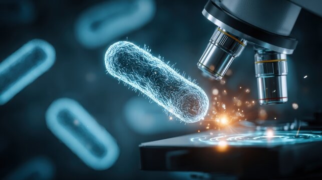 A microscope with a bacterial cell in the field of view.