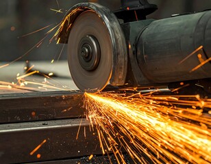 Angle Grinder Sparks Cutting Metal in Industrial Setting.