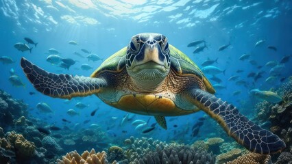Obraz premium Majestic Green Sea Turtle Swimming Gracefully in Vibrant Coral Reef with Schools of Fish.