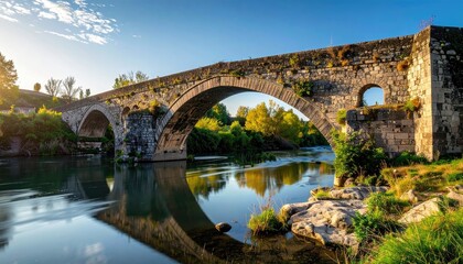 Fototapeta premium Ancient Stone Arch Bridge Over Tranquil River with Reflections Green Trees and Sunlight Casting Warm Glow Creating Picturesque Scene Featuring Architectural Beauty