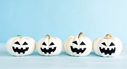 Four white painted pumpkins with black jacko'lantern faces on a blue background