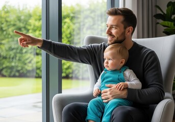 Smiling father holding his baby son, pointing towards the green garden outside a large window