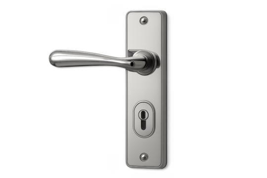 Metal door handle with keyhole on transparent background