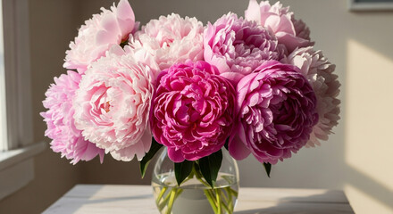 A beautiful bouquet of pink peonies in a glass vase sits on a white table near a window, casting a soft, natural light on the scene