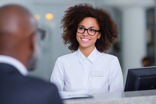 Receptionist: a professional woman, wearing glasses and a welcoming smile, interacts warmly with a guest behind the counter, conveying trust and creating a positive interaction.