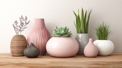 A collection of various ceramic vases and potted plants on a wooden shelf against a light-colored wall.