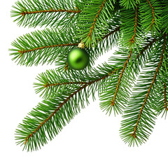 Obraz premium Green Christmas ornament hanging from a pine branch against black background