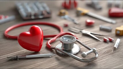 Red heart, stethoscope, and medical supplies scattered on wood - Powered by Adobe