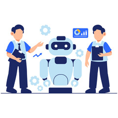 Two Men Presenting Light Blue Robot with Gears and Graph on Transparent Background Vector Illustration