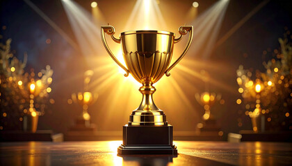 Golden Triumph in the Spotlight: A magnificent, gold-plated trophy radiates under dramatic spotlight, symbolizing the ultimate triumph. This image evokes a sense of achievement and celebration.