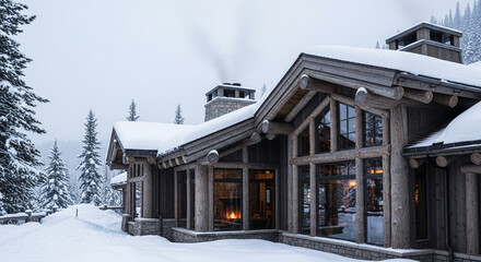 A cozy log cabin nestled in a snowy winter landscape, with smoke rising from the chimney and snowcovered trees surrounding the house